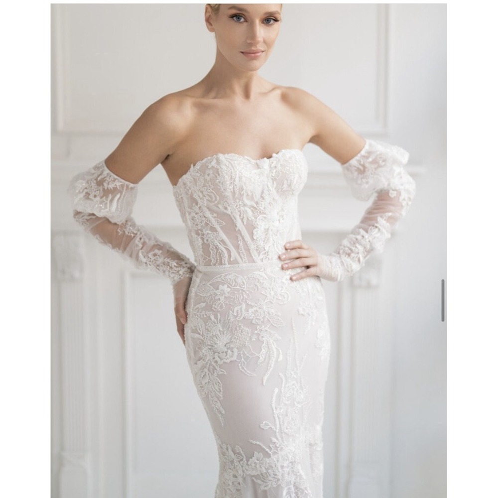 Adam Zohar Lana Wedding Dress Mermaid Ivory White Strapless Sleeves Sz SMALL
